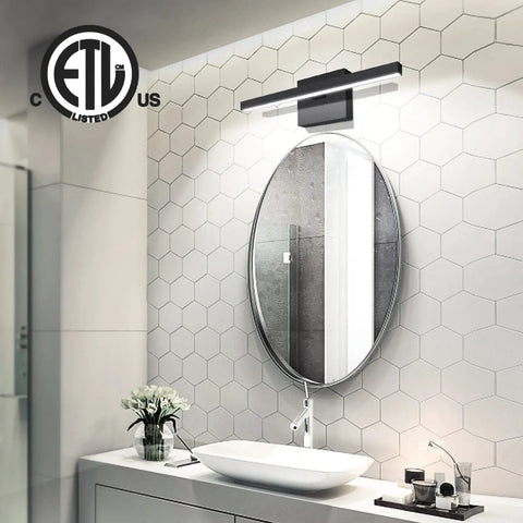 Sleek Black Vanity Light Over Mirror, 15.7 Inch, 12W Dimmable LED Fixture With 5 CCTs, ultra-slim bar design in modern bathroom