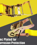 Close-up of zinc-plated ratchet and hooks for 4 Pack 2 Inch Wide 20 Foot E Track Ratchet Straps Heavy Duty Cargo Tie Downs 4500 Pound