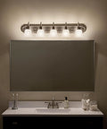Brushed Nickel 5 Light Vanity Bath Light With Clear Satin Etched Glass Dope Modern 36 Inch Wall Mount Fixture For Bathrooms Damp Rated 36 Inch Wide By 8 Inch High Bulbs Not Included above bathroom mirror