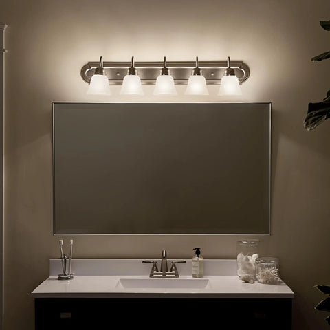 Brushed Nickel 5 Light Vanity Bath Light With Clear Satin Etched Glass Dope Modern 36 Inch Wall Mount Fixture For Bathrooms Damp Rated 36 Inch Wide By 8 Inch High Bulbs Not Included above bathroom mirror