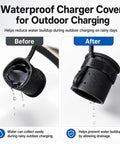 Before and after images showing Heavy Duty Waterproof Silicone Cover For Tesla Model 3 Y X S NACS Ports reducing water buildup.