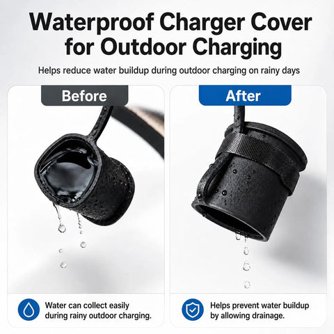 Before and after images showing Heavy Duty Waterproof Silicone Cover For Tesla Model 3 Y X S NACS Ports reducing water buildup.