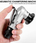45 Degree Manual Pneumatic Chamfering Machine For Metal Trimming And Deburring held in hand, adjustable chamfer size from 0.1mm to 1.5mm.