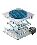 Front view: lab scissor jack stand with stainless steel 4x4 inch platform and blue non-slip pad, adjustable height.