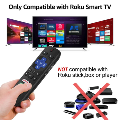 Two Pack Replacement Remotes For Roku TV That Actually Work With TCL Hisense Sharp Philips Onn Element Westinghouse Insignia JVC RCA Hitachi Sanyo Roku Smart TVs Not For Roku Stick Box Or Speaker, image showing remote close-up with TVs in background