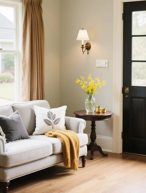 Living room with beige sofa, black door, floral cushions, wooden table, vase with flowers, and visible light switch wall plate.