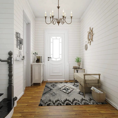 Six Light Farmhouse Chandelier In Oil Rubbed Brown And White Finish for cozy foyer with rustic decorations.