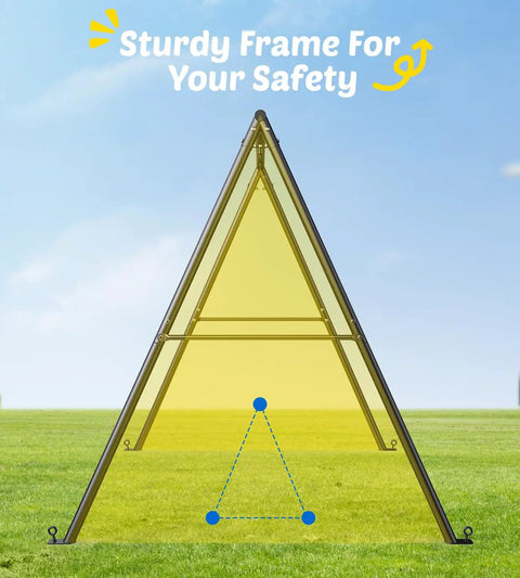 Heavy Duty Backyard Swing Set Built Tough With 440Lb Capacity, Sturdy A Frame Metal Stand, showing structural design in a grassy field.