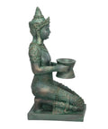 Thai Princess Kneeling Garden Statue With Offering Bowl Indoor Outdoor Polyresin Sculpture 28 Inch Tall Handcast Green Bronze Finish