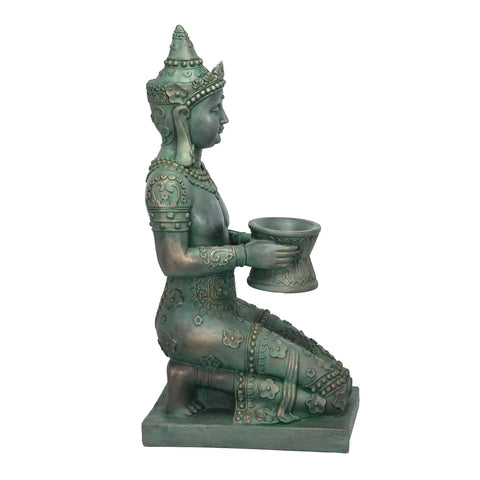 Thai Princess Kneeling Garden Statue With Offering Bowl Indoor Outdoor Polyresin Sculpture 28 Inch Tall Handcast Green Bronze Finish