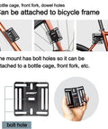 Front Fork Universal Bottle Cage Mount on bike frame, showing bolt hole attachment for secure fit, CNC aluminum design.