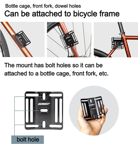 Front Fork Universal Bottle Cage Mount on bike frame, showing bolt hole attachment for secure fit, CNC aluminum design.