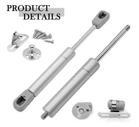 Bulletproof Six Inch Gas Struts Two Pack 30N 6.7 Lb Lift Supports with mounting hardware for cabinets and closets.