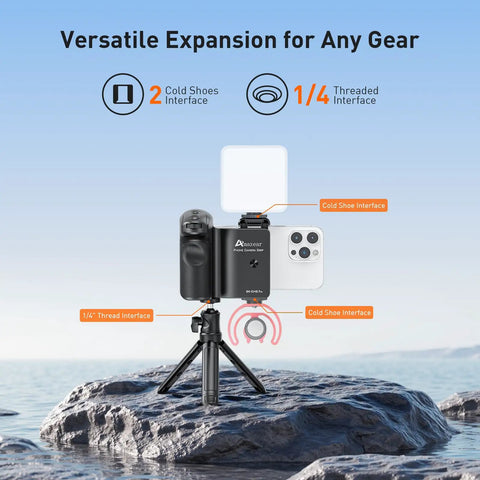 Pro Grade DSLR Style Phone Grip With Bluetooth Remote For iPhone And Android Phones on tripod by water