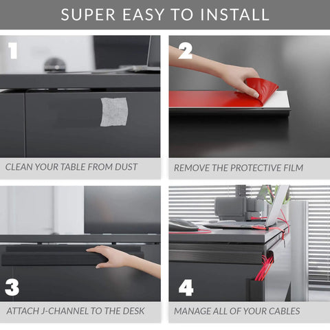 Step-by-step installation of J Channel Cable Raceways For Under Desk Wire Management Six 16 Inch Black Cable Channels With Adhesive Mounting Tape No Screws No Drills Hide Computer Cords And Keep Your Workspace Clean And Tidy.
