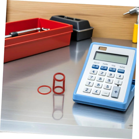Silicone Sealing Ring Set For Ice Cream Makers, Low Temperature Resistant, Leakproof 6 Pack Gaskets For Home Ice Cream Machines, High Humidity Reliable Seals That Stay Locked In During Cleaning And Freezer Runs. Red silicone sealing rings beside calculator