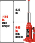 Beefy 8 Ton Double Ram Welded Bottle Jack for Cars, Trucks, and SUVs - 16,000 Lbs Capacity With 6.69 Inch Minimum Lift and 16.15 Inch Maximum Lift, Auto Repair Jack for Home Garage shown with height measurements