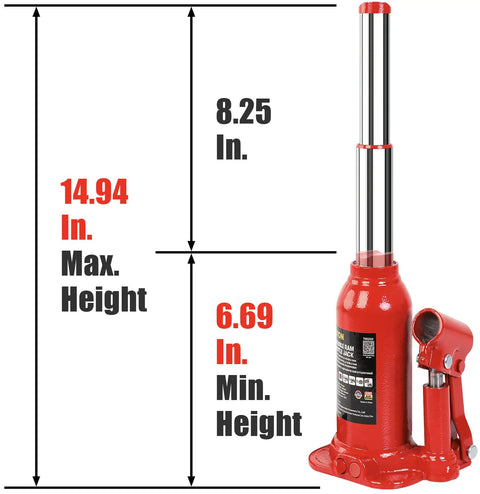 Beefy 8 Ton Double Ram Welded Bottle Jack for Cars, Trucks, and SUVs - 16,000 Lbs Capacity With 6.69 Inch Minimum Lift and 16.15 Inch Maximum Lift, Auto Repair Jack for Home Garage shown with height measurements