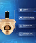 One And A Half Inch NPT Solenoid Valve 24V DC Brass Normally Closed Control Valve For Water, Air, And Gas, shown with specs