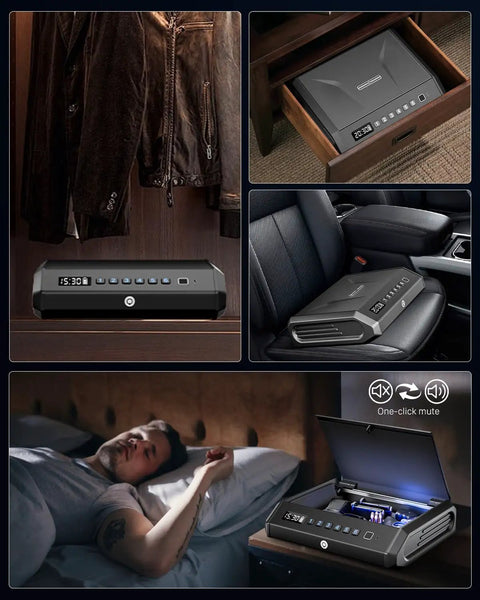 Rock Solid Biometric Pistol Vault Secure Fingerprint Handgun Locker in bedroom, under pillow, with digital display and mute mode.