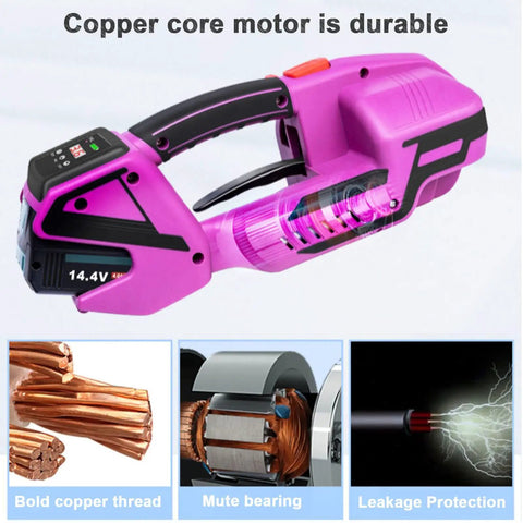 Rugged Electric Welding Strapping Machine Battery Powered Automatic Pet And Pp Strap Bundler with copper core motor and pink design.