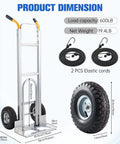 Heavy Duty Aluminum Hand Truck Dolly Cart With Ten Inch Pneumatic Tires extendable frame detailed dimensions and accessories