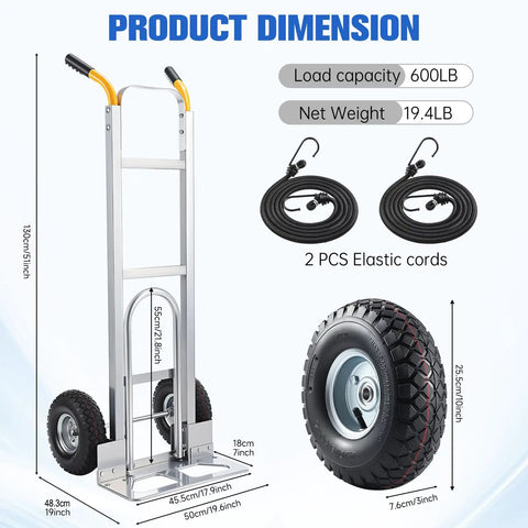 Heavy Duty Aluminum Hand Truck Dolly Cart With Ten Inch Pneumatic Tires extendable frame detailed dimensions and accessories