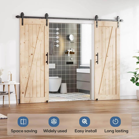 10 Foot Double Door Sliding Barn Door Hardware Track Kit With Handle Industrial Spoke Wheel Wall Mount Quiet Glide Easy Install Black Finish 108 Inch Track Fits 50 To 52 Inch Opening installed in modern bathroom