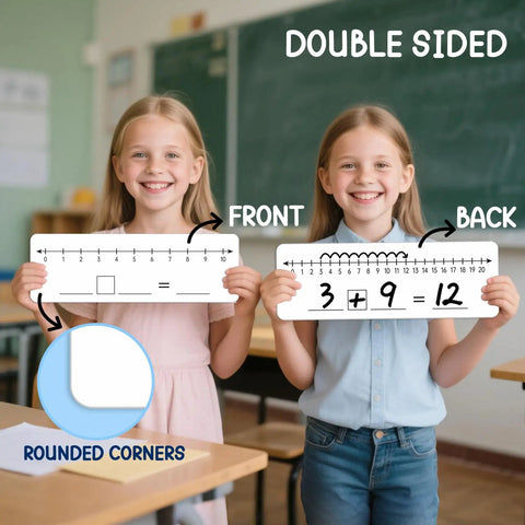 Two students holding Number Line Dry Erase Boards Set Double Sided Writable And Erasable 0 To 10 On One Side And 0 To 20