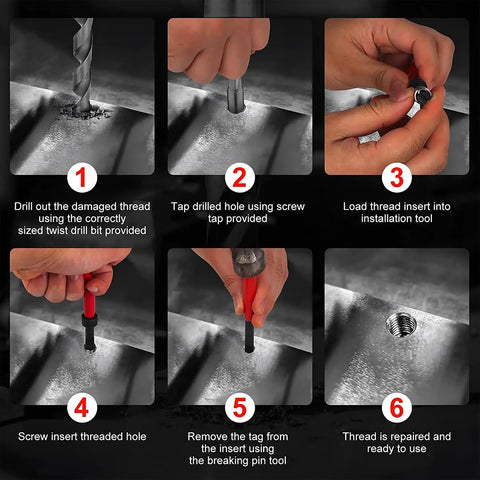 Step-by-step guide using Helicoil Thread Repair Kit For M8 X 1.25 And SAE Threads, DIY Ready With HSS Drill Bit, Stainless Steel Inserts.