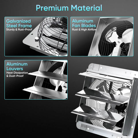 Various features of 12 Inch Shutter Exhaust Fan With Aluminum Blades Wall Mounted Attic Vent 1450 CFM Auto Shutter For Attic Garage Shed Greenhouse High Performance Cooling That Kicks Heat And Odors To The Curb highlighted, including aluminum fan blades and louvers, and a galvanized steel frame.