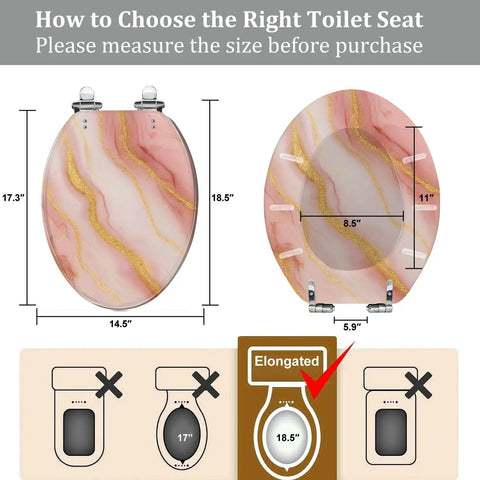 Elongated Toilet Seat Quiet Soft Close Bathroom with dimensions showing 14.5" x 18.5" for proper fitting.