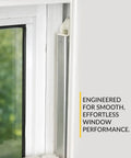 Heavy Duty Aluminum Window Channel Balance for Residential Windows, 29 Inch Length, 9/16 Inch Width, 1/2 Inch Depth, Supports 16-23 Lbs Sash, Top Guide 1-1/4 Inch, Bottom Guide 1 Inch, Replacement Window Hardware installed in white window frame