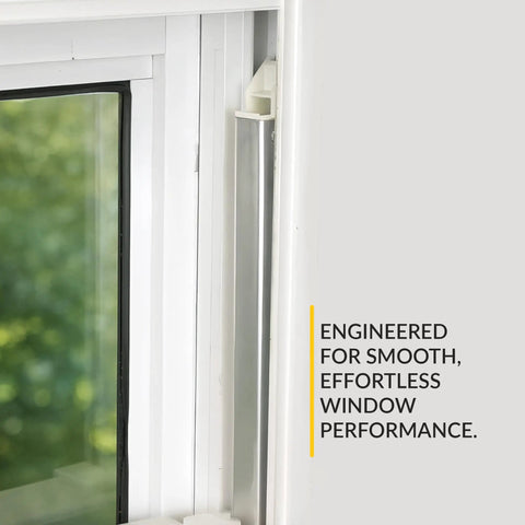 Heavy Duty Aluminum Window Channel Balance for Residential Windows, 29 Inch Length, 9/16 Inch Width, 1/2 Inch Depth, Supports 16-23 Lbs Sash, Top Guide 1-1/4 Inch, Bottom Guide 1 Inch, Replacement Window Hardware installed in white window frame