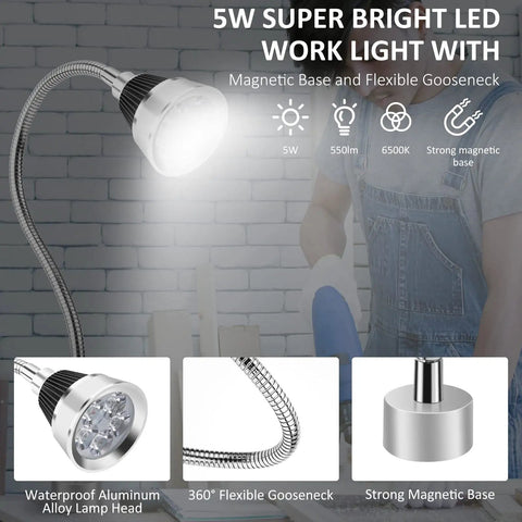 LED Work Light With Flexible Gooseneck And Magnetic Base For Workbench And Tools, illuminated by 500 lumen 6500K white light
