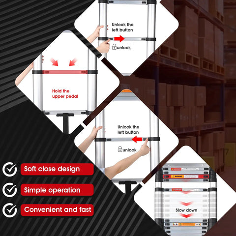 Instructions for 8.5 Foot Telescoping Ladder With One Button Retraction, highlighting soft close design and simple operation.