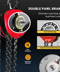 Beefed Up 1 Ton Hand Chain Hoist With 20 Ft Lift, 2200 Lb Capacity, showing dual-pawl brake and gear mechanism details