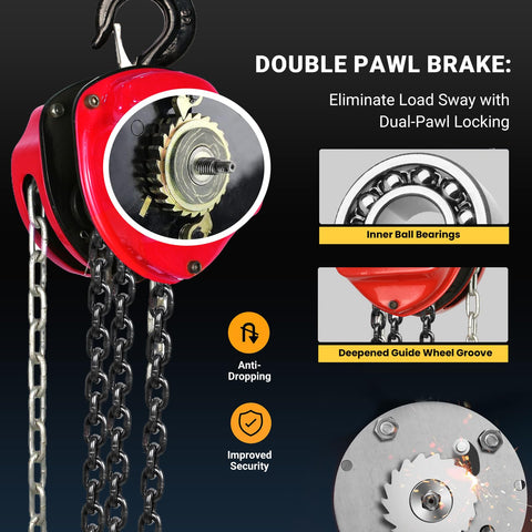 Beefed Up 1 Ton Hand Chain Hoist With 20 Ft Lift, 2200 Lb Capacity, showing dual-pawl brake and gear mechanism details