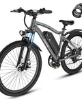 Ride Ready Adult Electric Bike 26 Inch Commuter With Crisp Seven Speed Shifting Zero Sweat 720W Peak Motor For Rough Roads Lightweight Ebike With Removable Battery And Long Weekend Range In Gray, showing bike body and battery.