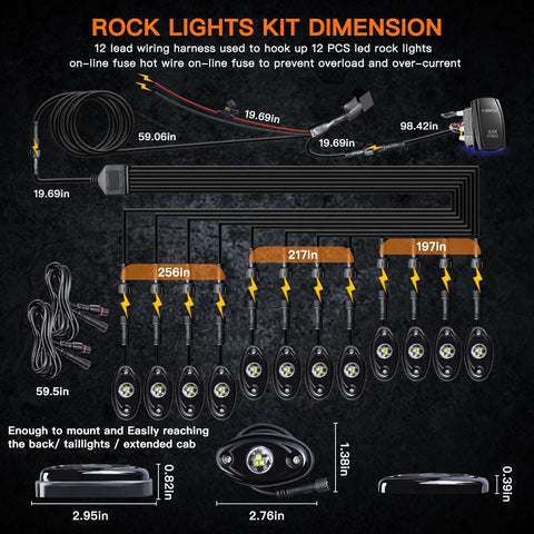 Dimensions of Pure White LED Rock Lights Kit With Rocker Switch Harness 12 High Power Underbody Lights For Trucks ATV UTV SUV