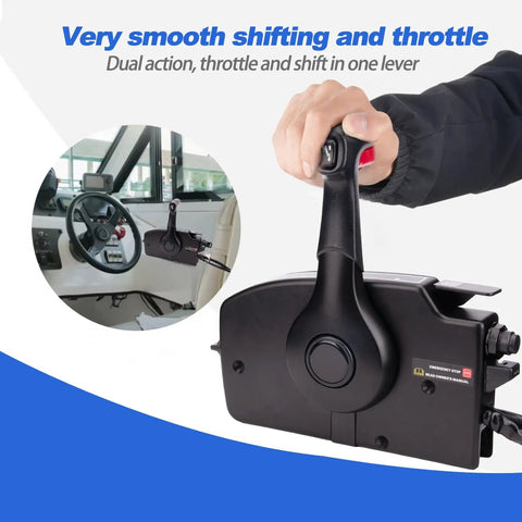 Right Hand Marine Throttle Remote Control Box Gen I Model 881170A15 in use with boat console view and hand operation