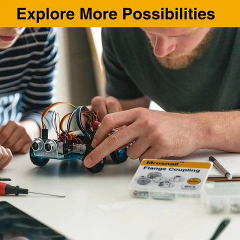 Person assembling DIY RC car using 12mm Flange Coupling Connectors Set Of 4 For RC Motors, electroplated steel for rigid fittings.