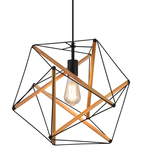 Dope Black Geometric Art Deco Pendant Light With Wood Accents Modern Industrial Hanging Fixture for Dining Room or Kitchen Island