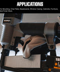 Worker handling 3 In 1 Pneumatic Nail Gun That Rocks A 16 GA Finish Nailer 18 GA Brad Nailer And Stapler for trim work