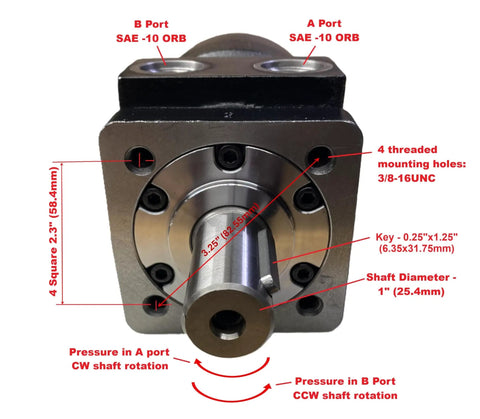 Hydraulic High Torque Orbital Motor 2 Bolt SAE A Flange 500cc front view with labeled ports and dimensions