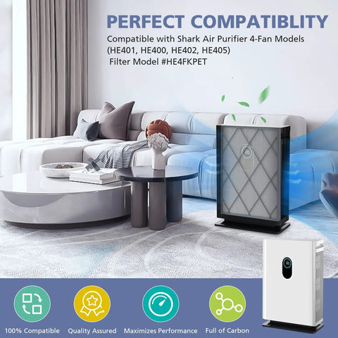Living room with HE401 Compatible Filter For Air Purifier 4 Series with Activated Carbon shown near a white sofa.