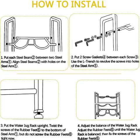 Installation instructions for 5 Gallon Water Jug Rack With 3 Tiers Heavy Duty Water Bottle Holder Storage Rack For 6 Bottles Durable Carbon Steel Organizer.