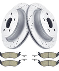 Dodge Ram 1500 Rear Brake Kit With 13.86 Inch Drilled And Slotted Rotors And Ceramic Pads For 5 Lug Fit, Includes Hardware.