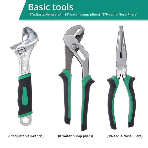 213 Piece Mechanic Tool Set With Socket Wrenches, SAE And Metric, Cr V Chrome Finish, Pro Grade Home And Auto Repair Kit, Includes Durable Storage Case with adjustable wrench, water pump pliers, and needle-nose pliers.
