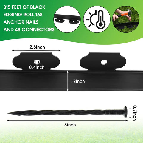 Black 315 Ft Landscape Edging Border Kit with 2 Inch Tall Edging, 168 Spikes and 48 Connectors kit dimensions display